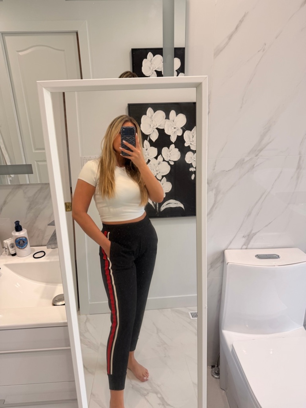 Zara Black Track Joggers with Red and White Side Stripes